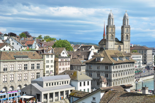 View at the bell towers and the church of the Catholic Maria Laach Abbey near Glees in Germany. The abbey dates back to the year1100 and is now a monastery of the Benedictine Confederation.