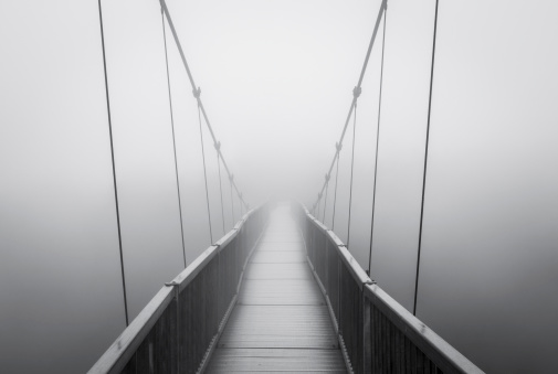 Spooky Heavy Fog on Suspension Bridge Vanishing Alone into Creepy Unknown distance