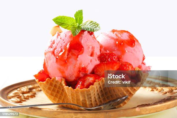 Ice Cream With Strawberries In Wafer Bowl Stock Photo - Download Image Now - Strawberry Ice Cream, Baked Pastry Item, Close-up