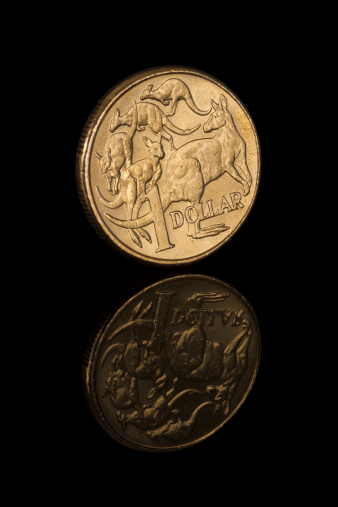 Closeup shot of an Australian one dollar coin with reflection of the whole coin. Low key image with black background. Tail side of the coin featured in an angle with kangaroos and 1 dollar written on it. Vertical image.