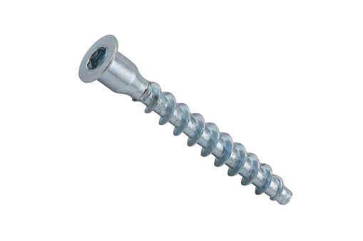 Screw  isolated on white backgroun. Macro shot metal self-tapping screw. Chromed screw bolt isolated. Nuts and bolts. Tools for work.