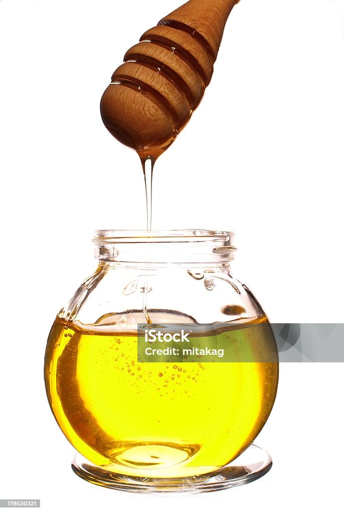 Jar 꿀을, 압살했다 drizzler 흰색 바탕에 흰색 배경 - 로열티 프리 건강관리와 의술 스톡 사진