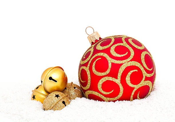 istock Red Chritsmas Ball and golden bells on snow 178530680