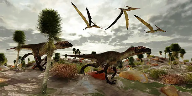 Three Pterosaur reptile dinosaur fly along and watch two Utahraptors as they hunt to share in the kill.