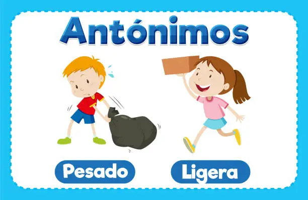 Vector illustration of Pesado y Ligera: Education Antonyms in Spanish heavy and light