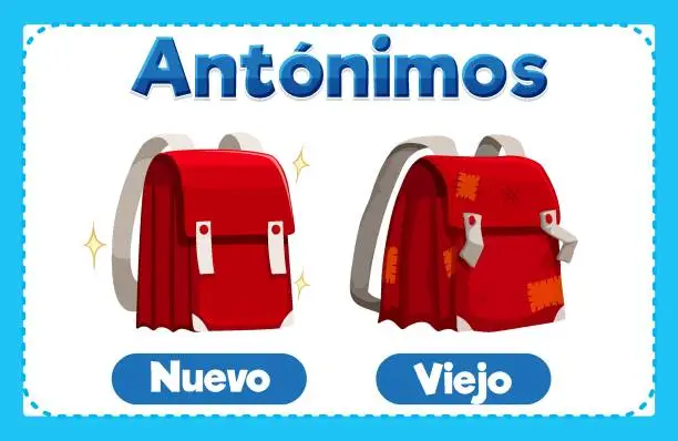 Vector illustration of Spanish Antonym Word Card: Nuevo and Viejo means new and old