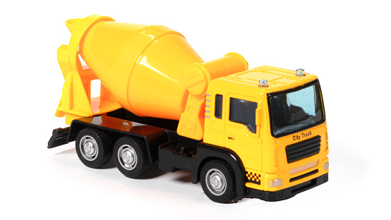 Cement mixer truck toy isolated on white background.  High quality photo.
