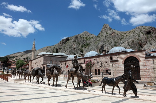 Tokat, Turkey - July 23, 2022: Camel caravan statues in the old city center of Tokat.