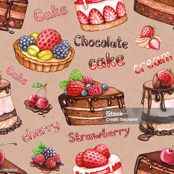 Seamless Pattern With Cake Иллюстрации — стоковая векторная графика и другие изображения на тему Акварельная живопись - Акварельная живопись, Бесшовный узор, Выпечка