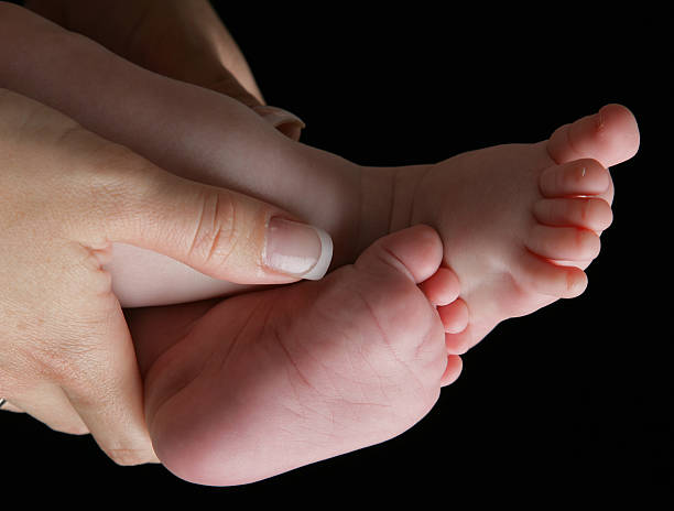 Baby feet in mom's hands stock photo