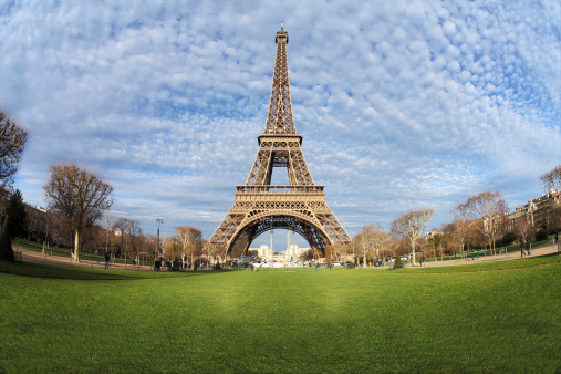 Eiffel Tower with green grass and white clouds