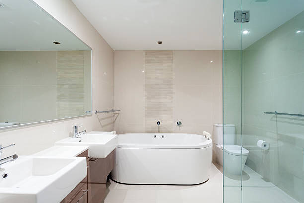 istock Modern bathroom with shower, bathtub and double sinks 178534097