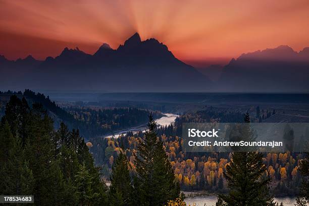 Photo libre de droit de Hazy Coucher De Soleil Sur La Montagne banque d'images et plus d'images libres de droit de Admirer le paysage - Admirer le paysage, Arbre, Arbre à feuilles persistantes