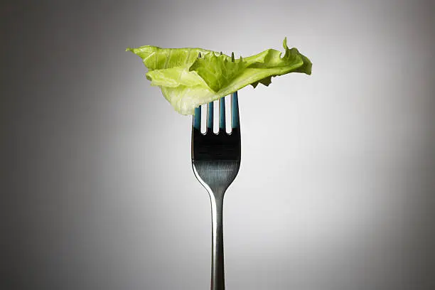 One lettuce leaf on a vertical fork in front of a grey background.
