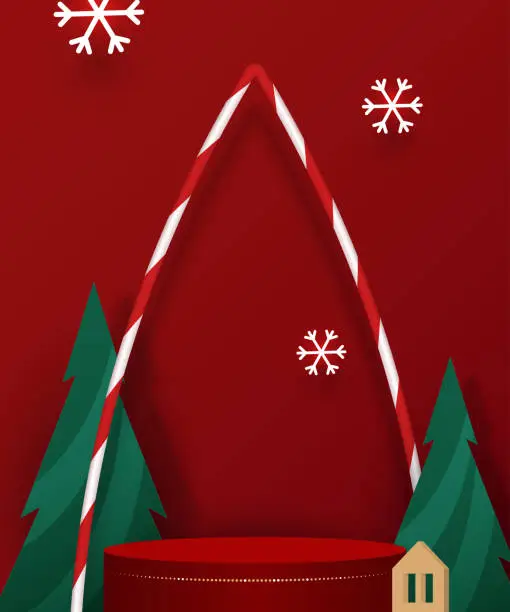 Vector illustration of Stage podium decor with Christmas festive elements, red background for product show. Vector illustration.
