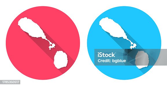 istock Saint Kitts and Nevis map. Round icon with long shadow on red or blue background 1785350517