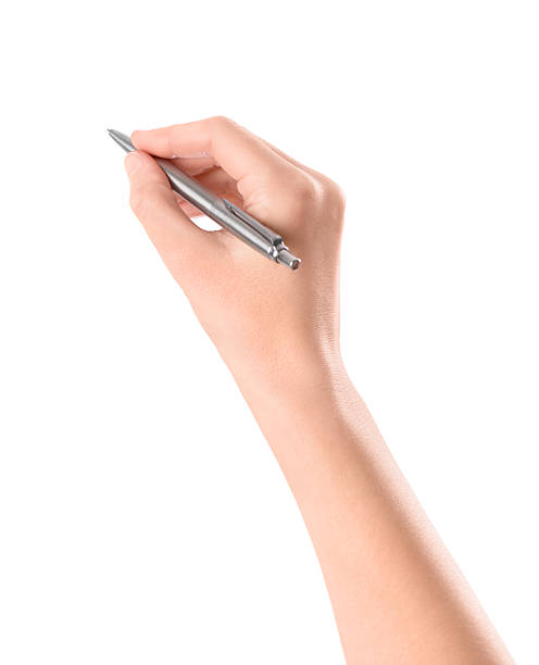 istock Woman writing with a silver pen on a white backdrop 178535209