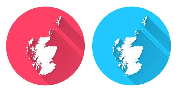 Vector illustration of Scotland map. Round icon with long shadow on red or blue background