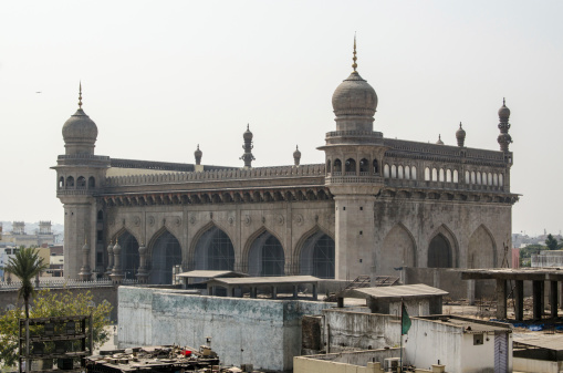 View from Charminar tower of the large Mecca Masjid mosque in Hyderabad, India.  One of the largest mosques in India it was completed in 1694.