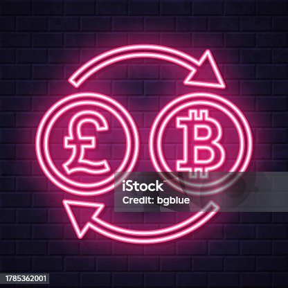 istock Currency exchange - Pound Bitcoin. Glowing neon icon on brick wall background 1785362001