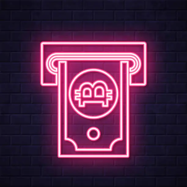 Vector illustration of Bitcoin withdrawal. Glowing neon icon on brick wall background