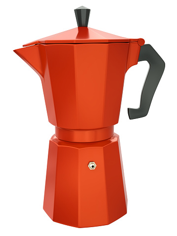 Red Italian coffee maker isolated on a white background. 3D rendered illustration.