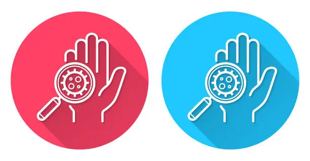 Vector illustration of Hand contaminated with coronavirus. Round icon with long shadow on red or blue background