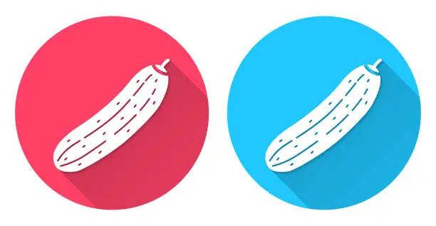 Vector illustration of Cucumber. Round icon with long shadow on red or blue background
