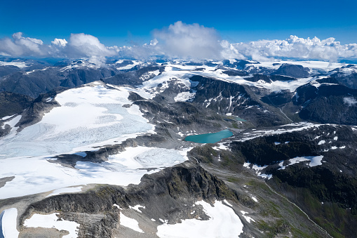 Aerial view of the last remaining Glaciers of Norway in Jostedalsbreen National Park at Stryneskåla