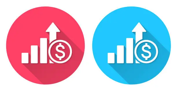 Vector illustration of Dollar rate increase. Round icon with long shadow on red or blue background