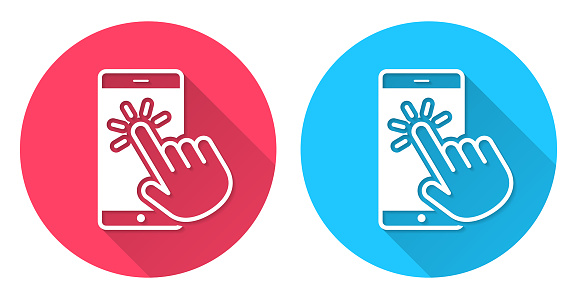 istock Touch smartphone with hand. Round icon with long shadow on red or blue background 1785384764
