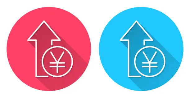 Vector illustration of Yen increase. Round icon with long shadow on red or blue background