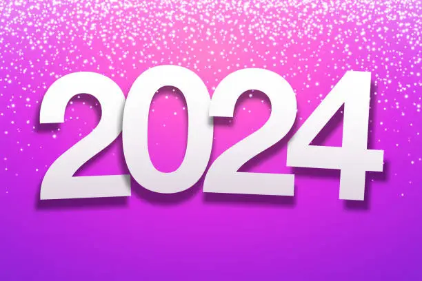 Vector illustration of 2024 - Paper Font with gold glitter on Purple Background