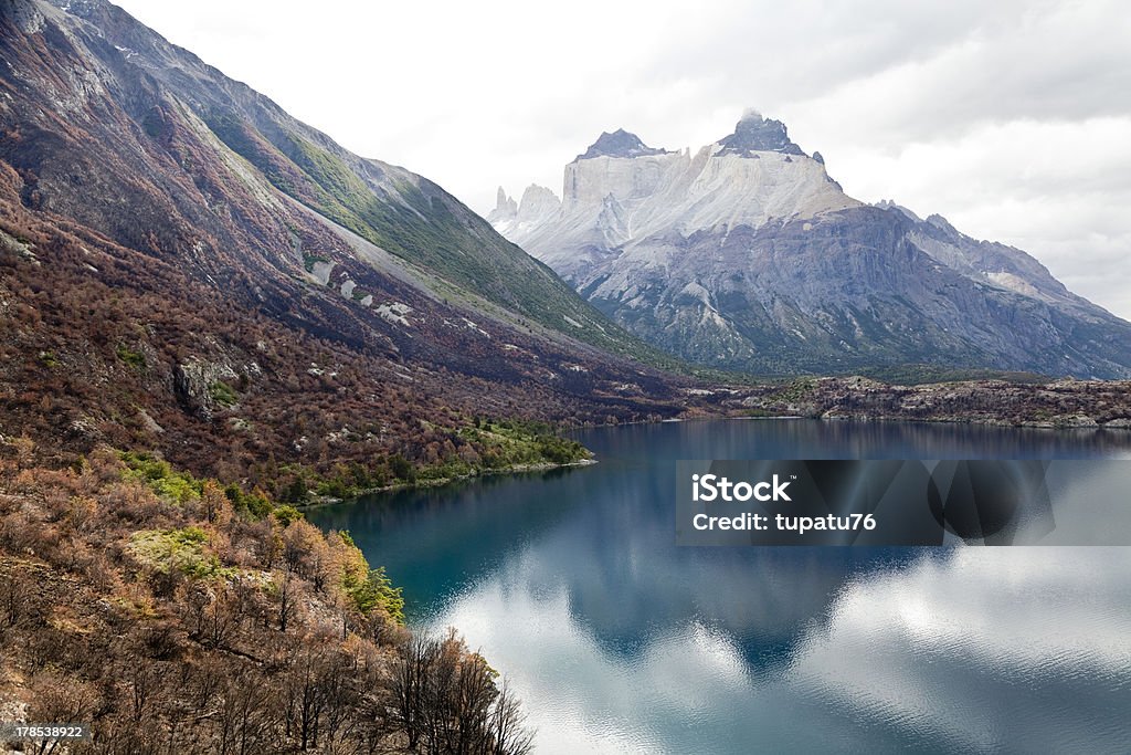 Torres del Paine riflette in un lago - Foto stock royalty-free di Ambientazione esterna