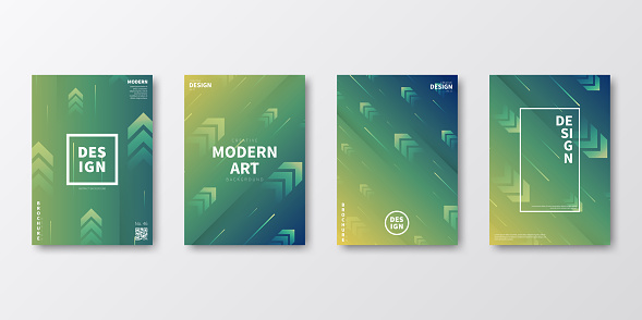 Set of four vertical brochure templates with modern and trendy backgrounds, isolated on blank background. Abstract illustrations with rising arrows and a motion effect. Beautiful color gradient (colors used: Yellow, Green, Blue). Can be used for different designs, such as brochure, cover design, magazine, business annual report, flyer, leaflet, presentations... Template for your own design, with space for your text. The layers are named to facilitate your customization. Vector Illustration (EPS file, well layered and grouped). Easy to edit, manipulate, resize or colorize. Vector and Jpeg file of different sizes.