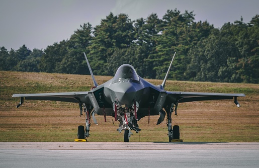 Portsmouth, United States – September 09, 2023: A United States Air Force F35A fighter jet at Pease International Airport in Portsmouth, New Hampshire