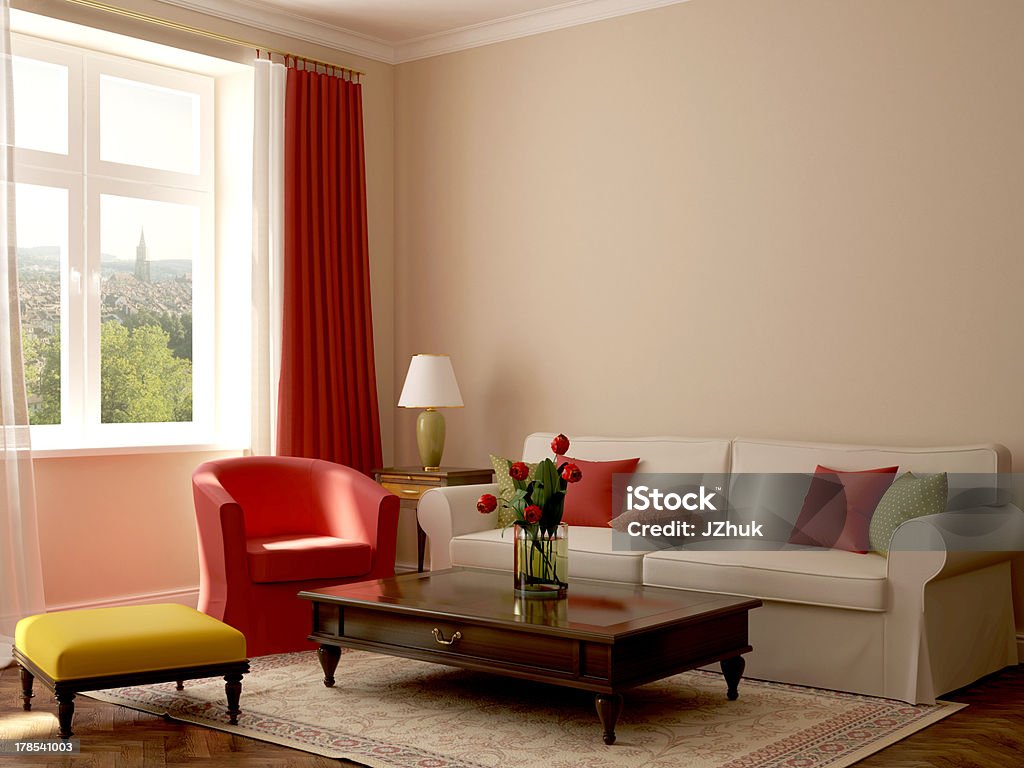 Interior in eclectic style Colorful composition made in a trendy eclectic style, consisting of a sofa, armchair, pouf, coffee table and a wonderful view from the window Living Room Stock Photo