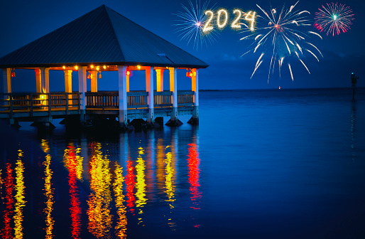 Happy New Year 2024 Fireworks over Apalachicola, Florida, United States