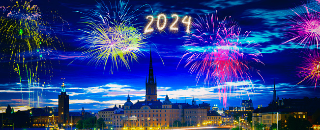 Happy New Year 2024 Fireworks over Stockholm, Sweden