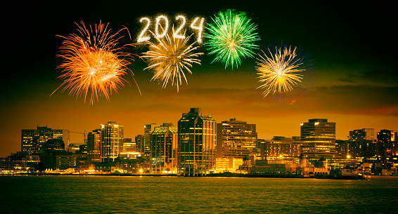 Happy New Year 2024 Fireworks over Halifax, Nova Scotia, Canada