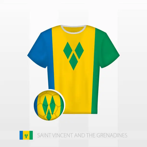 Vector illustration of Football uniform of national team of Saint Vincent and the Grenadines with football ball with flag of Saint Vincent and the Grenadines. Soccer jersey and soccerball with flag.