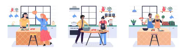 Vector illustration of People cooking vegetarian food. Vector illustration. People cooking. Husband and wife are preparing together