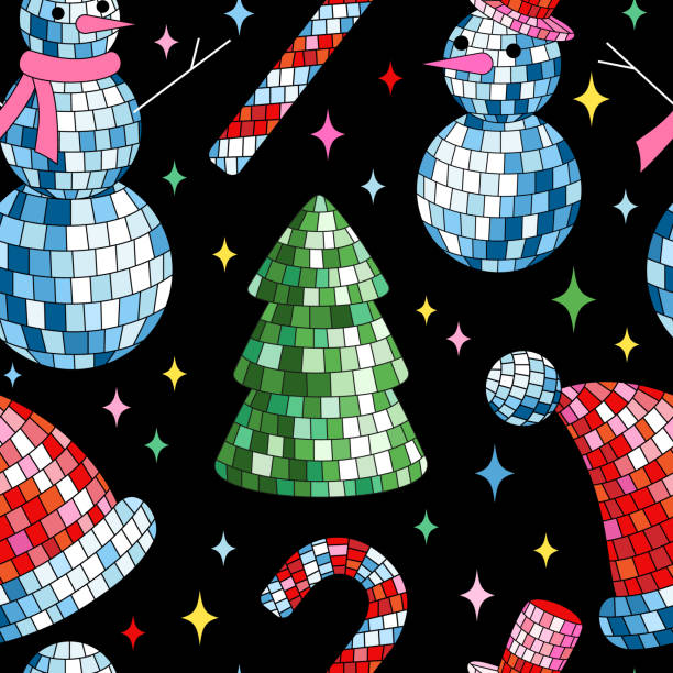 istock Disco mirror ball snowman, Santa hat, candy cane in cartoon style on black background. 1785423680