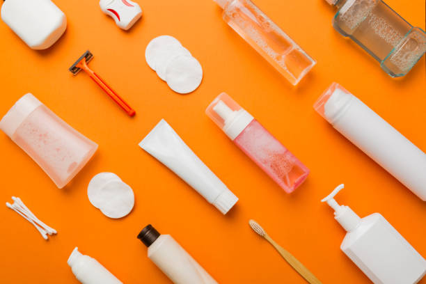 istock Mockup for bathing products top view flat lay, spa razor, toothpaste, soap, gel and other various accessories. Cosmetics for skin health. Bath Mockup for your logo 1785430520