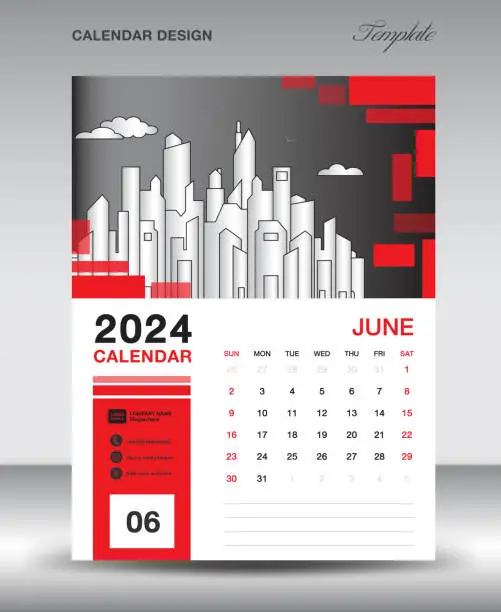 Vector illustration of Calendar 2024 design template- June 2024 year layout, vertical calendar design, Desk calendar template, Wall calendar 2024 template, Planner, week starts on sunday, red vector