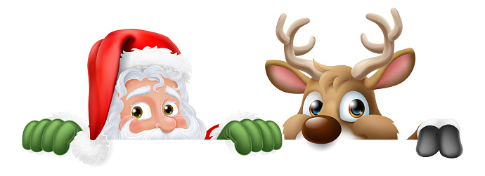 Cartoon Santa Claus or Father Christmas and his reindeer peeking over a sign