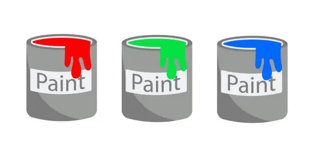 Vector illustration of Buckets with multi-colored paint set. Full aluminum containers with different colors of paint for repair or painting. Vector illustration.