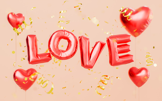 LOVE letter balloons with heart-shaped balloons and golden confetti on a pink background. 3d Rendering