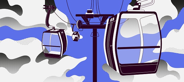 Cableway with transparent cabins. Empty glass cablecars carriages in sky, clouds. Cars of ropeway, aerial tramway trolley hanging on rope, cable. Monochrome outdoor panorama. Flat vector illustration.