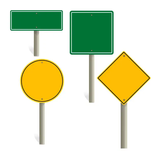 Vector illustration of road sign blank template. Road sign set traffic blank sign mockup blank. Highway signs. yellow pointers on the road, traffic control signs and road direction signboards. Vector illustration